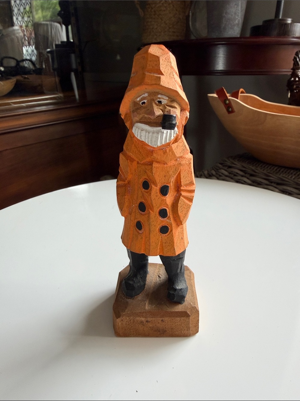 Hand-Carved Orange Fisherman Wood Figurine - Decorative Home Art